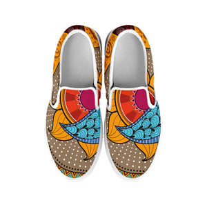 African Sun Print White Slip On Shoes