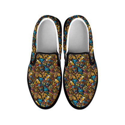 African Totem Masks Pattern Print Black Slip On Shoes
