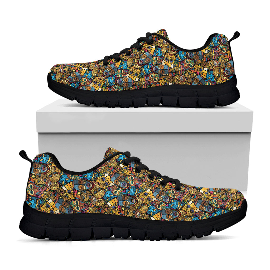 African Totem Masks Pattern Print Black Sneakers