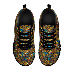 African Totem Masks Pattern Print Black Sneakers