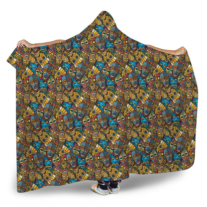 African Totem Masks Pattern Print Hooded Blanket