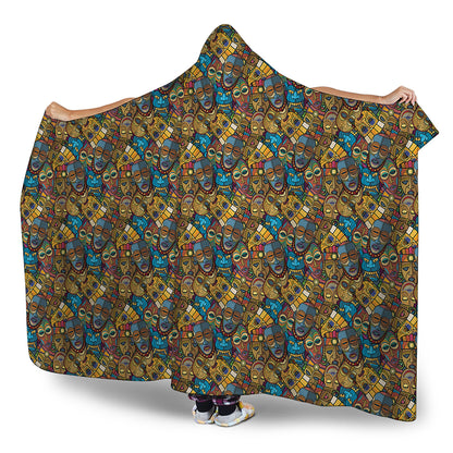 African Totem Masks Pattern Print Hooded Blanket