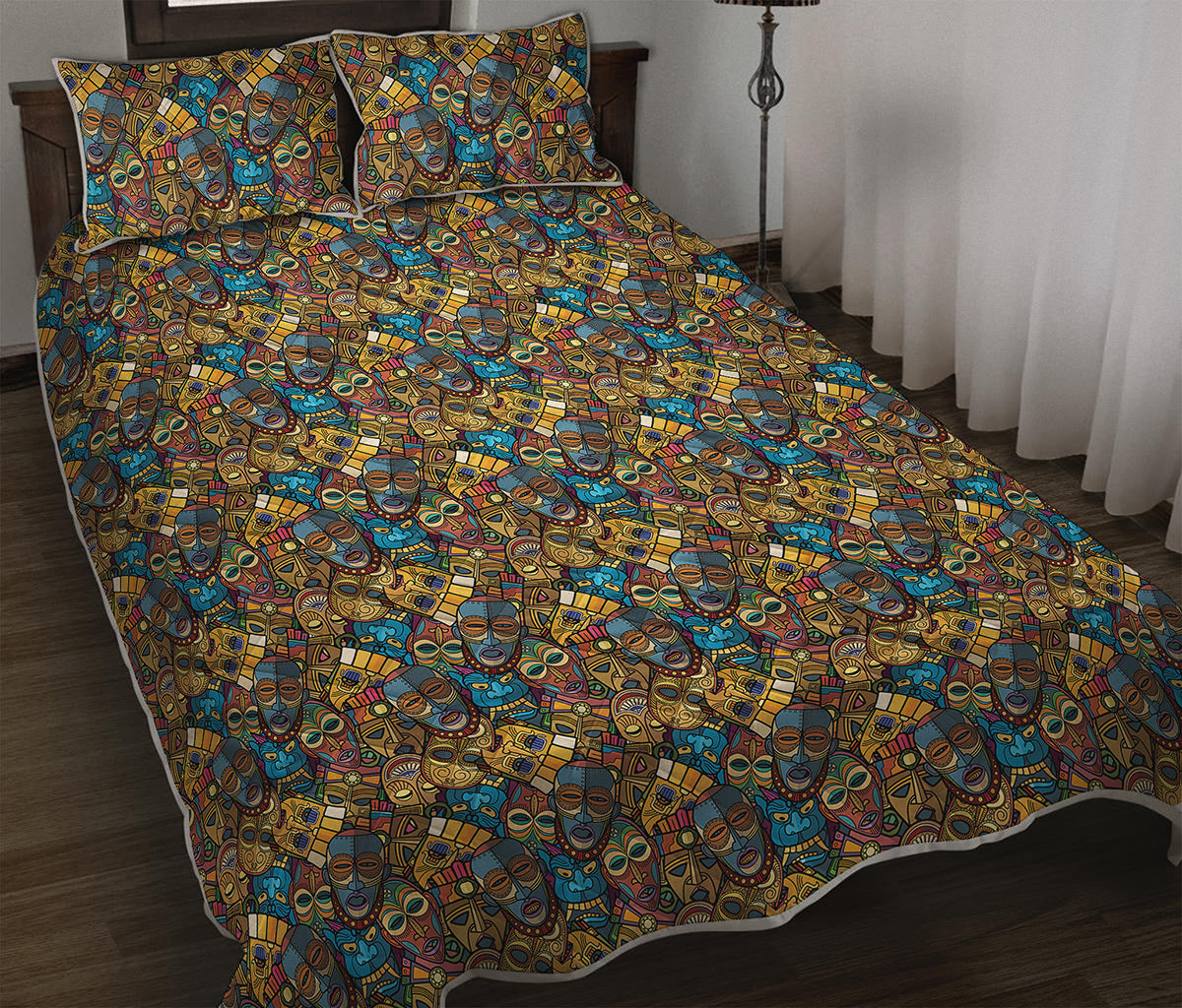 African Totem Masks Pattern Print Quilt Bed Set
