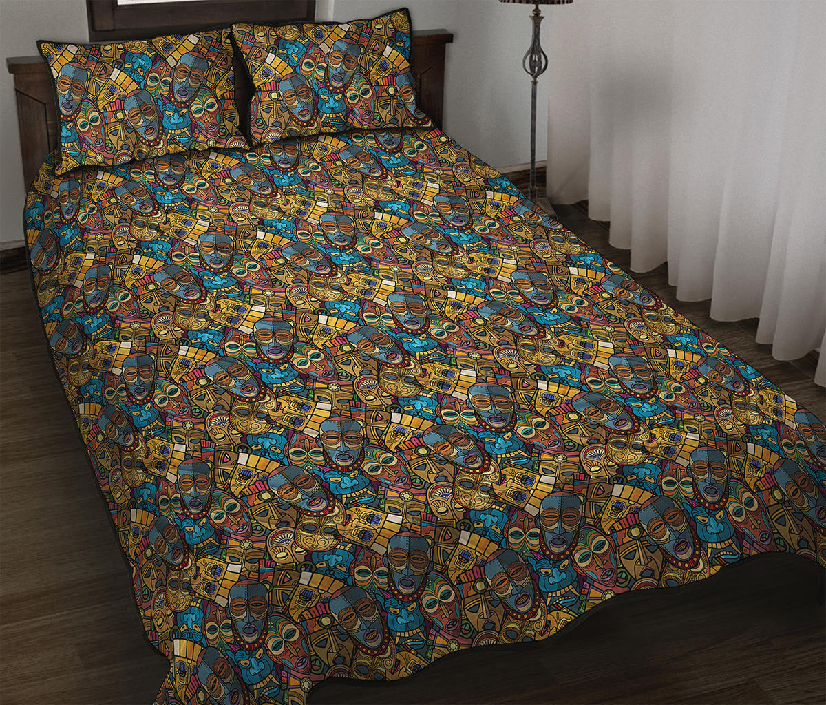 African Totem Masks Pattern Print Quilt Bed Set