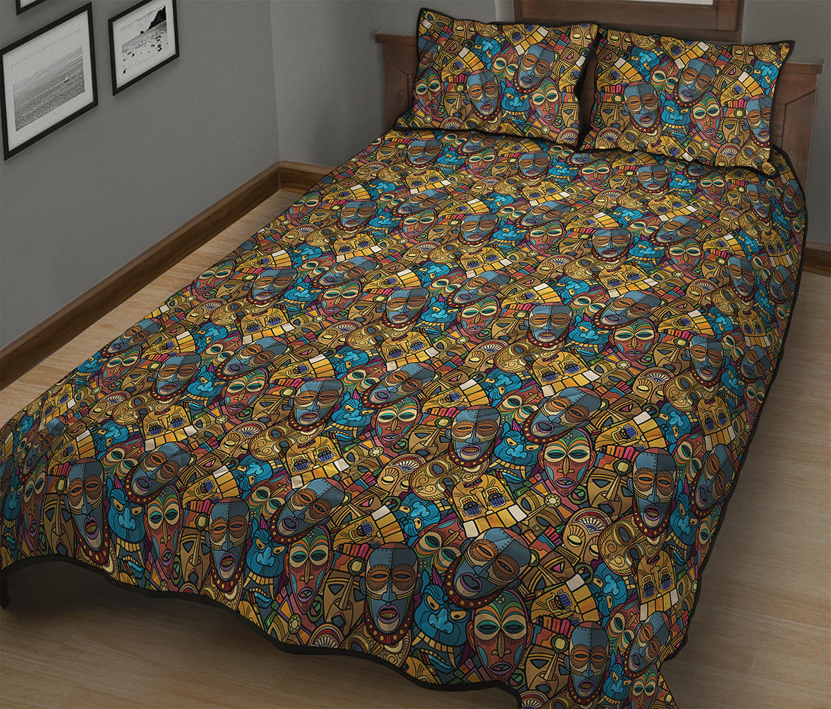 African Totem Masks Pattern Print Quilt Bed Set