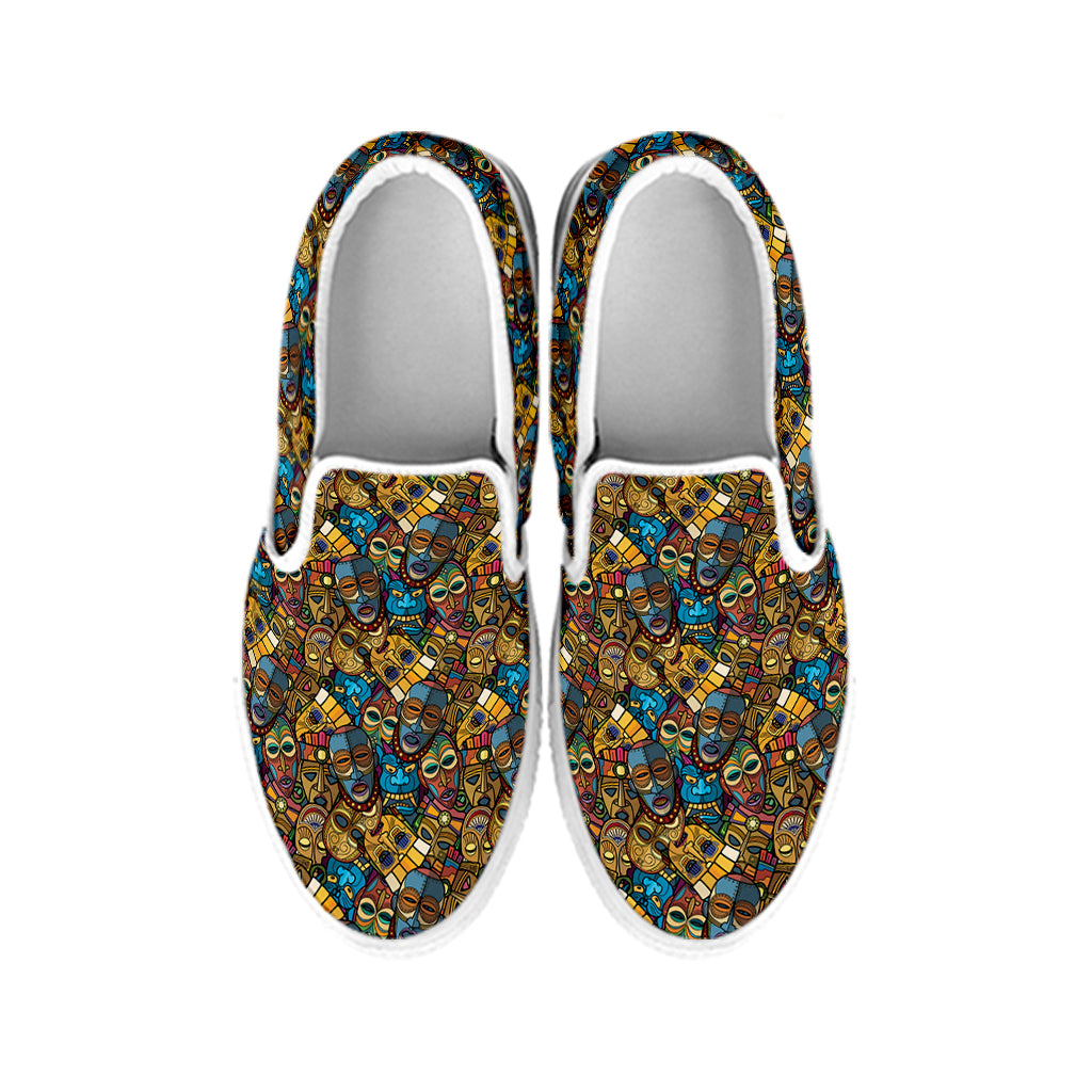 African Totem Masks Pattern Print White Slip On Shoes