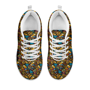 African Totem Masks Pattern Print White Sneakers