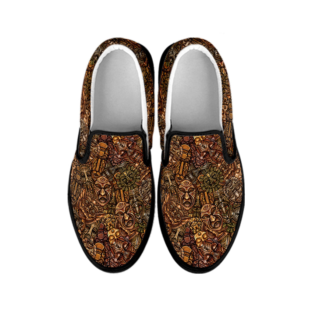 African Totem Pattern Print Black Slip On Shoes