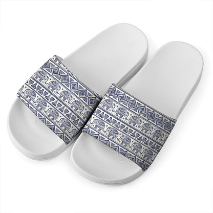 African Tribal Elephant Pattern Print White Slide Sandals