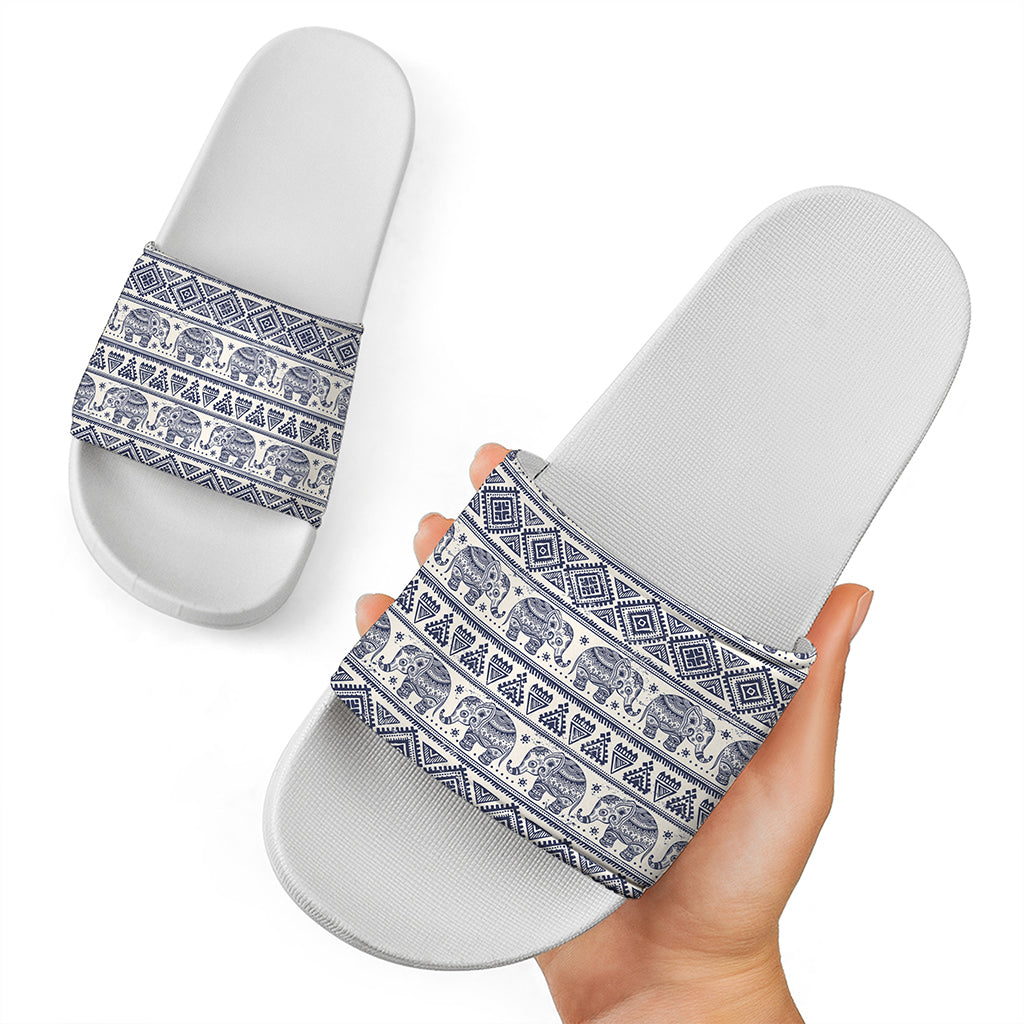 African Tribal Elephant Pattern Print White Slide Sandals