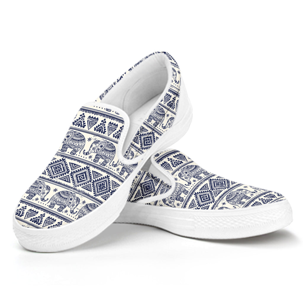 African Tribal Elephant Pattern Print White Slip On Shoes