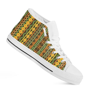 African Tribal Inspired Pattern Print White High Top Shoes