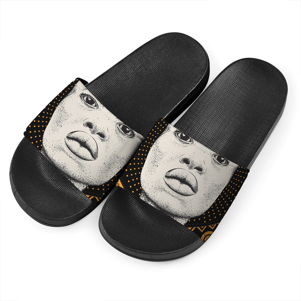 African Woman Print Black Slide Sandals