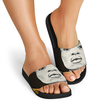 African Woman Print Black Slide Sandals