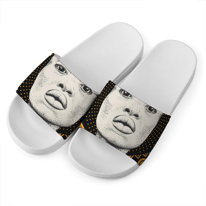 African Woman Print White Slide Sandals