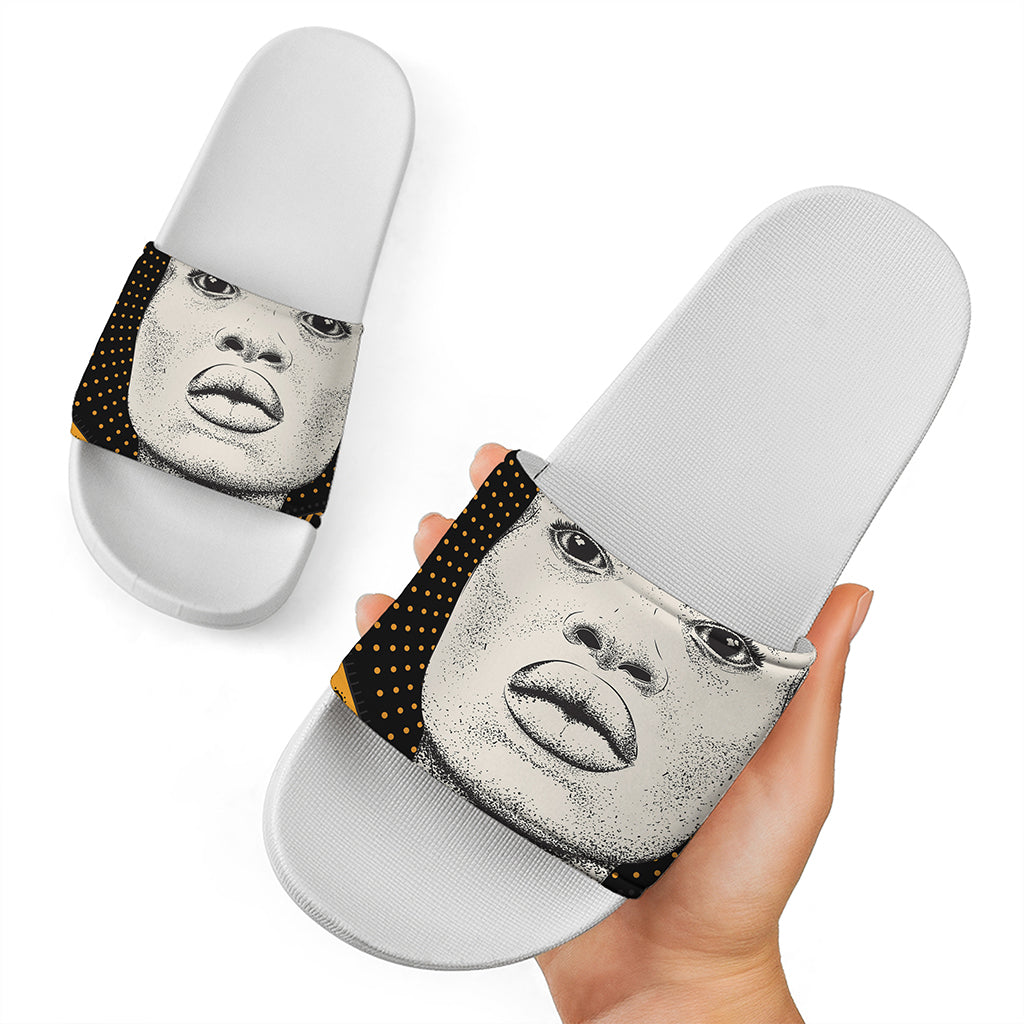 African Woman Print White Slide Sandals