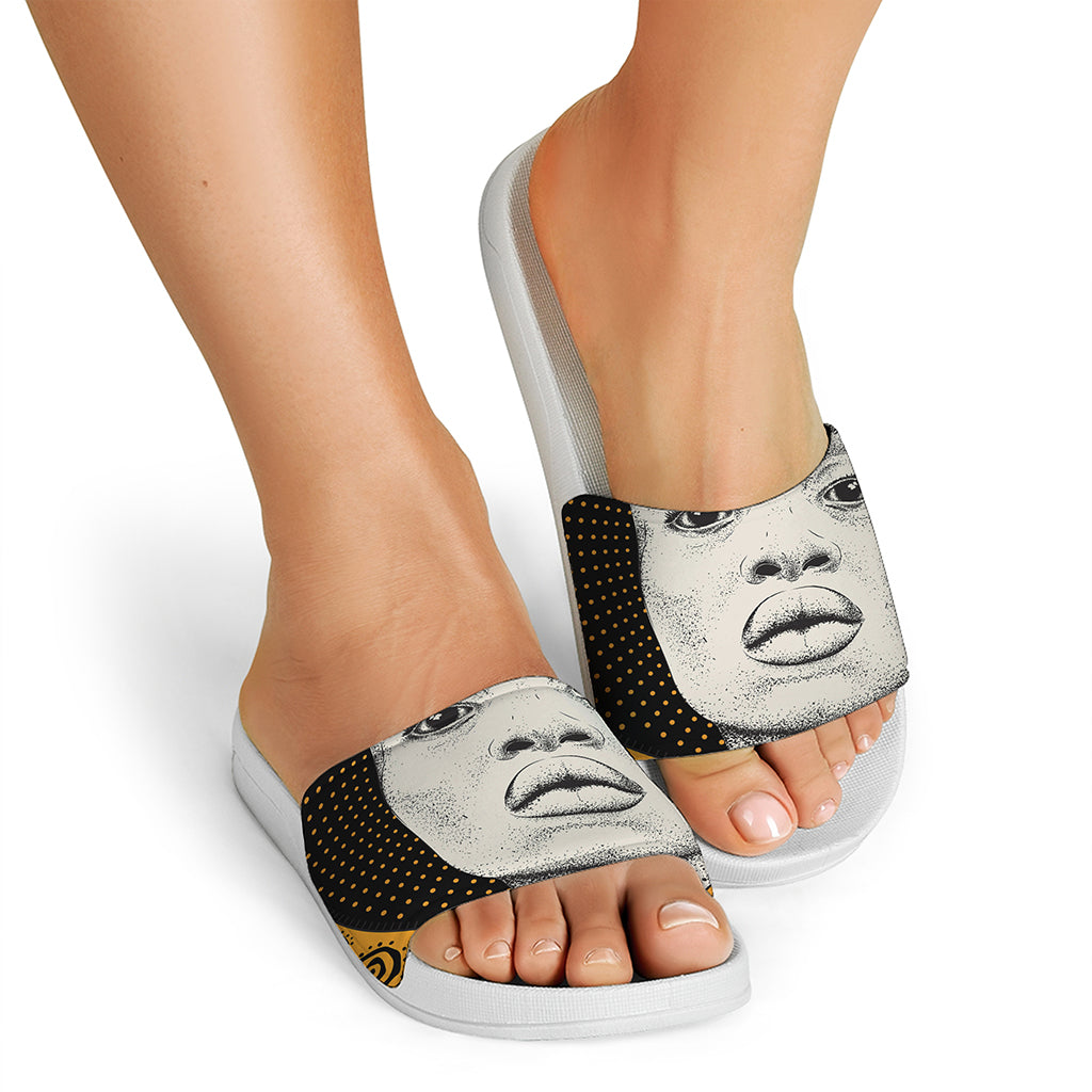 African Woman Print White Slide Sandals