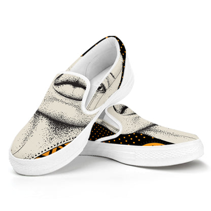 African Woman Print White Slip On Shoes