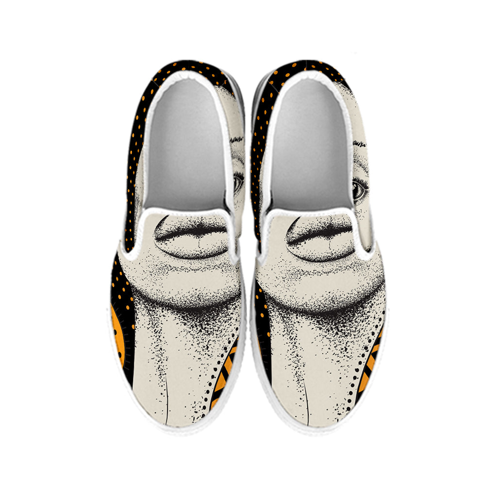 African Woman Print White Slip On Shoes