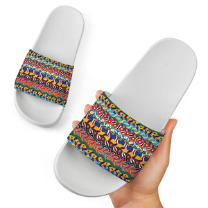 Afro African Ethnic Pattern Print White Slide Sandals