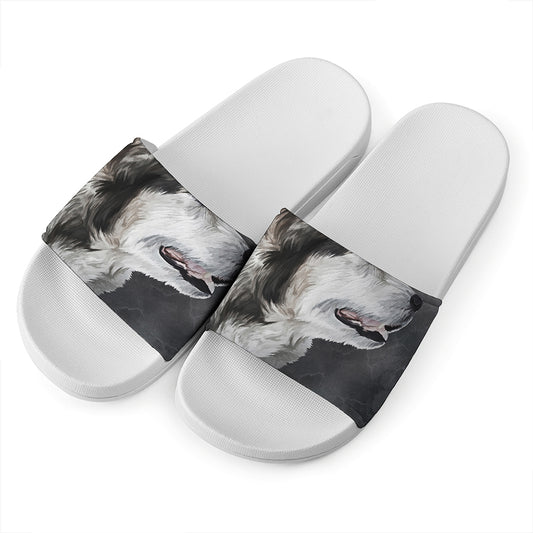 Alaskan Malamute Painting Print White Slide Sandals