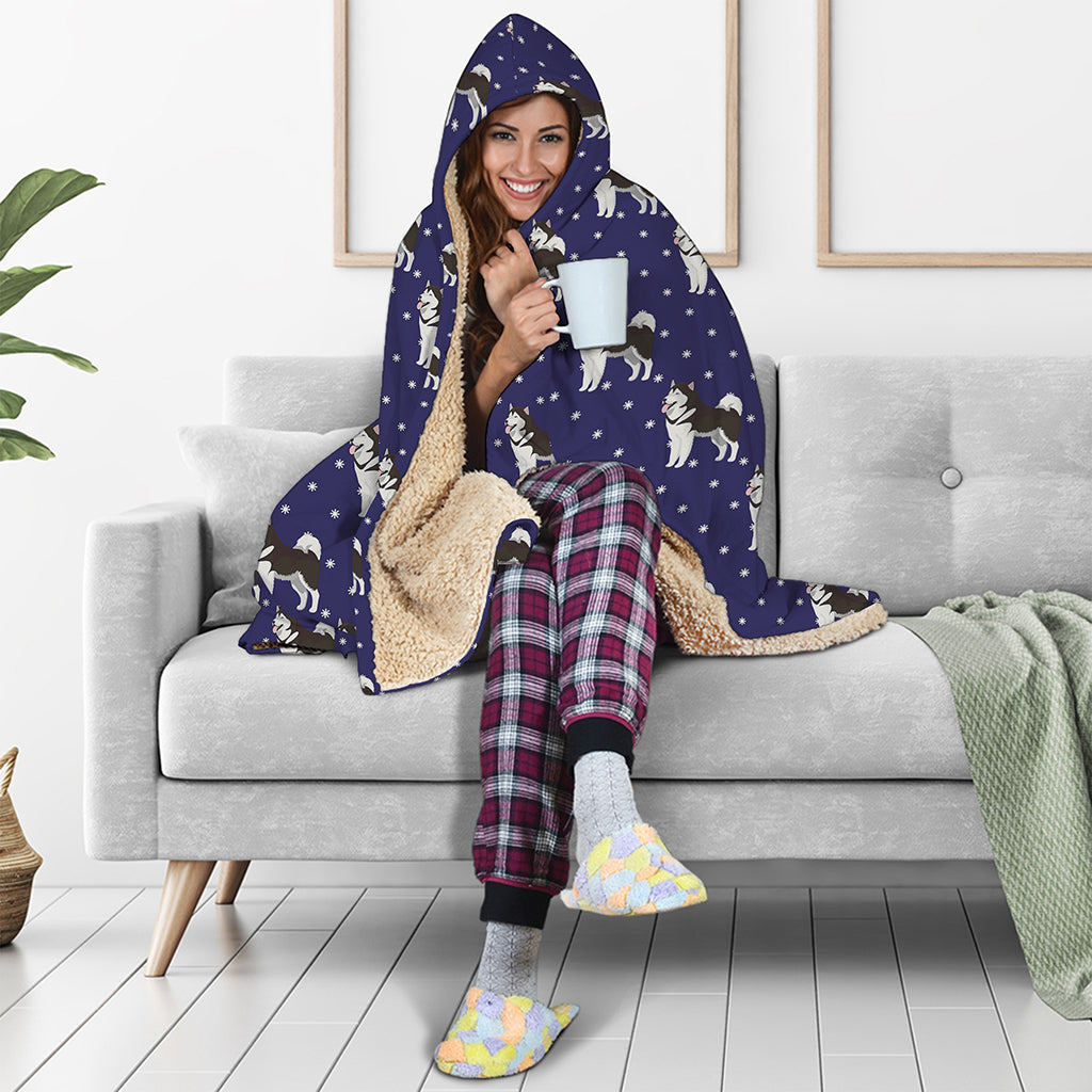 Alaskan Malamute Pattern Print Hooded Blanket