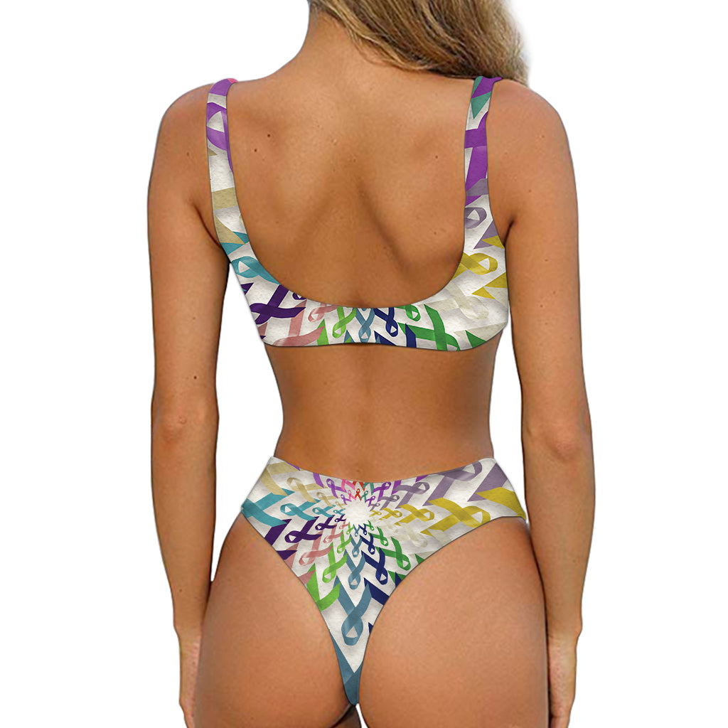 All Cancer Awareness Mandala Print Front Bow Tie Bikini