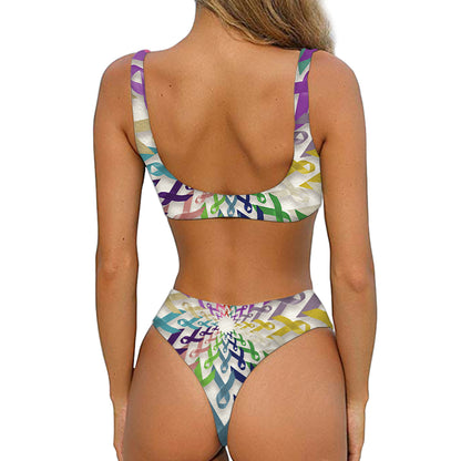 All Cancer Awareness Mandala Print Front Bow Tie Bikini