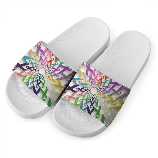 All Cancer Awareness Mandala Print White Slide Sandals