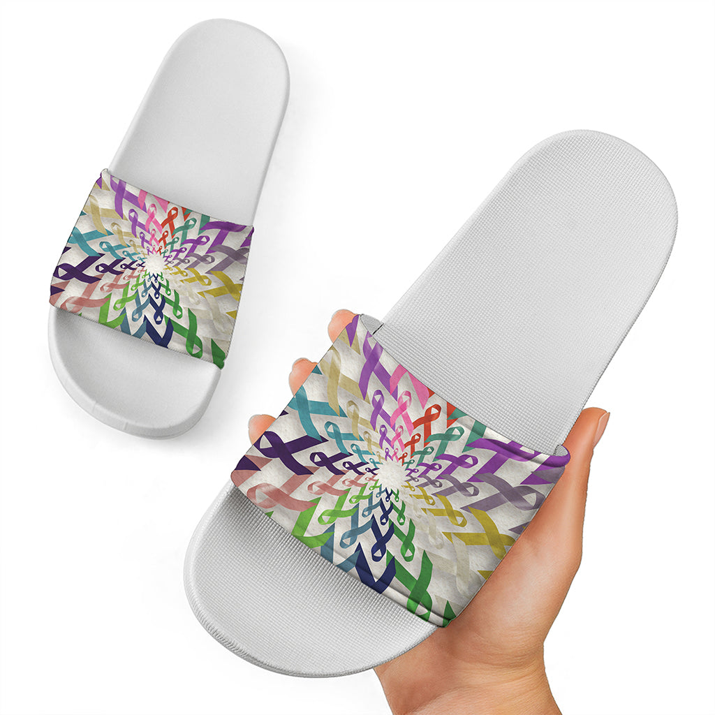 All Cancer Awareness Mandala Print White Slide Sandals