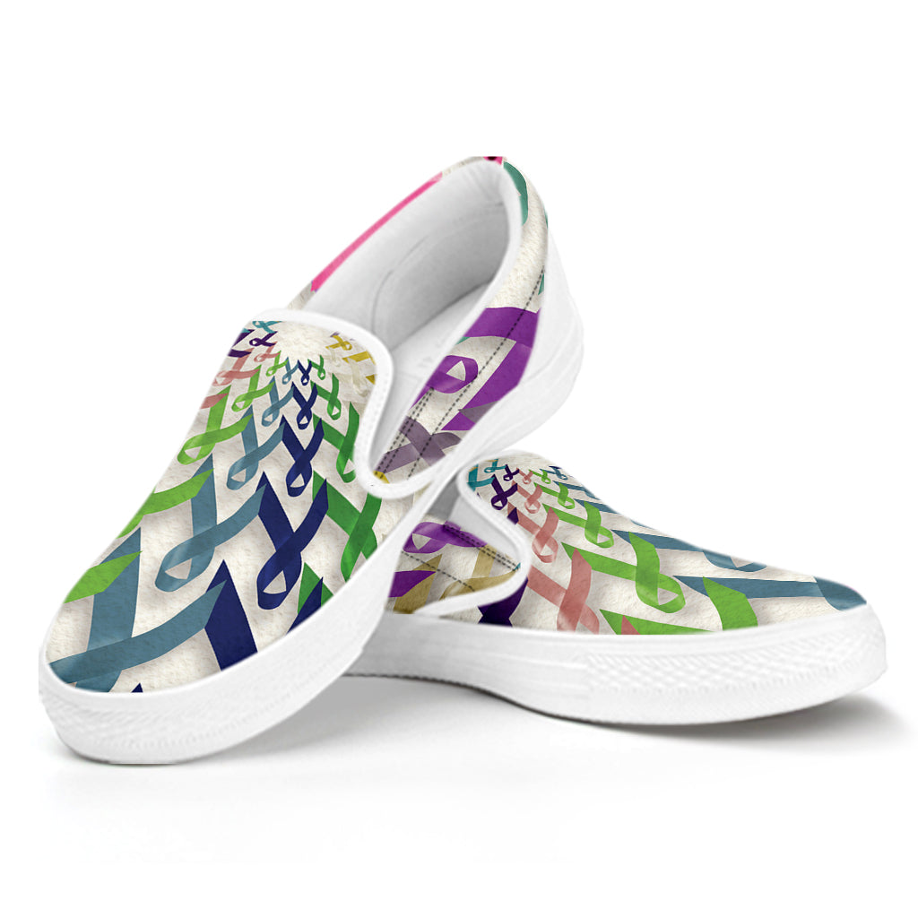 All Cancer Awareness Mandala Print White Slip On Shoes