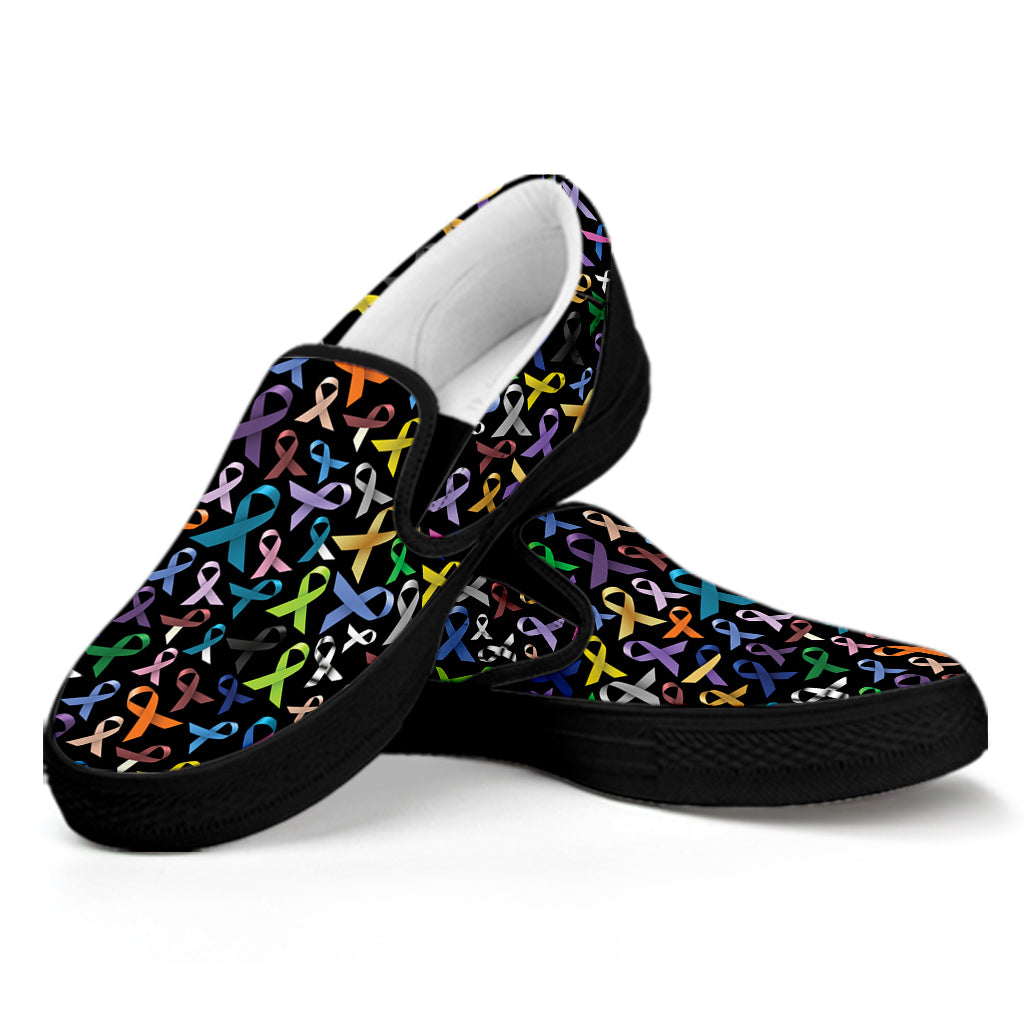 All Cancer Awareness Pattern Print Black Slip On Shoes