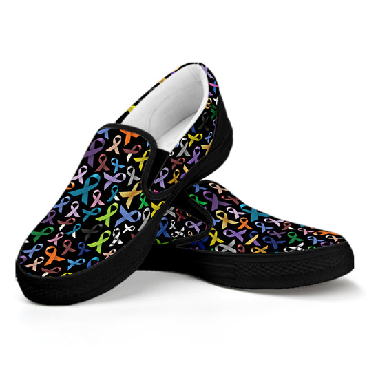 All Cancer Awareness Pattern Print Black Slip On Shoes