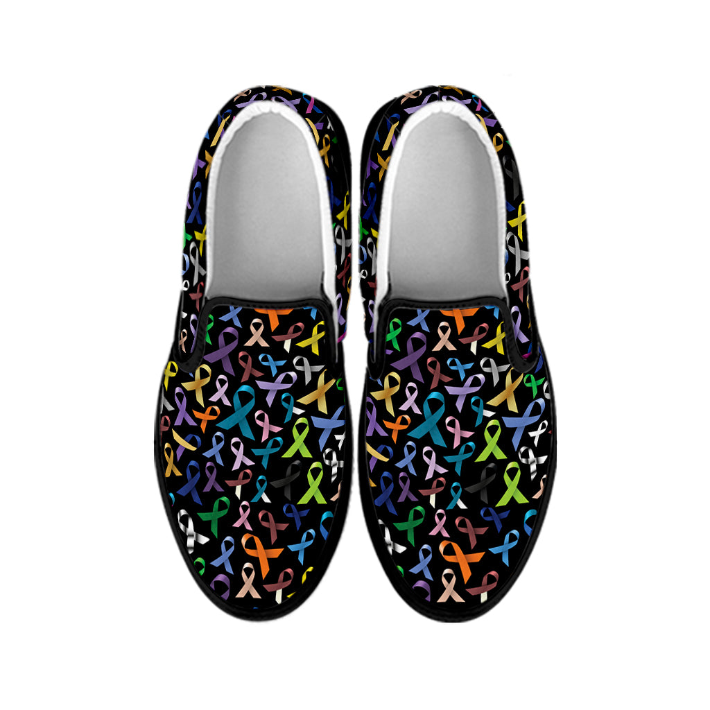 All Cancer Awareness Pattern Print Black Slip On Shoes