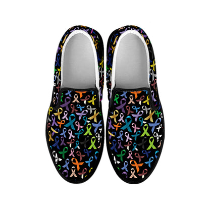 All Cancer Awareness Pattern Print Black Slip On Shoes
