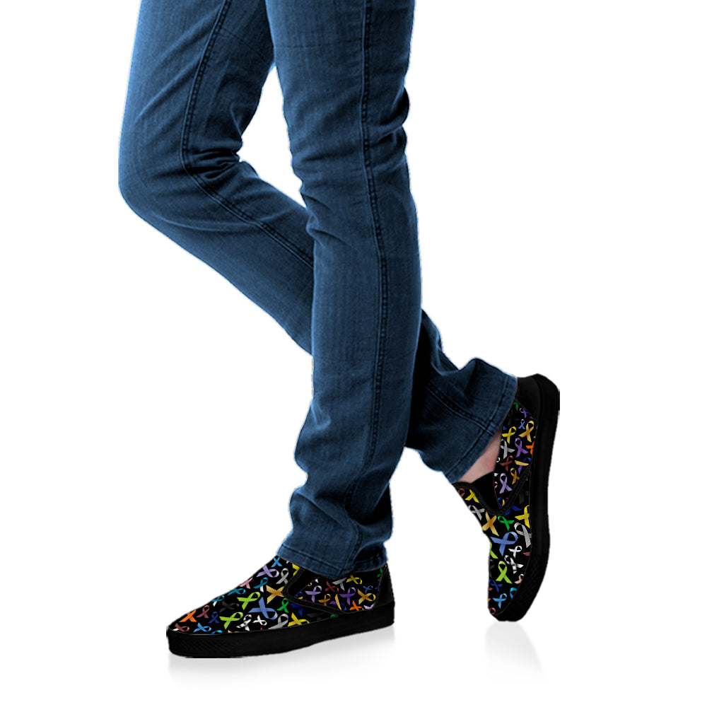 All Cancer Awareness Pattern Print Black Slip On Shoes