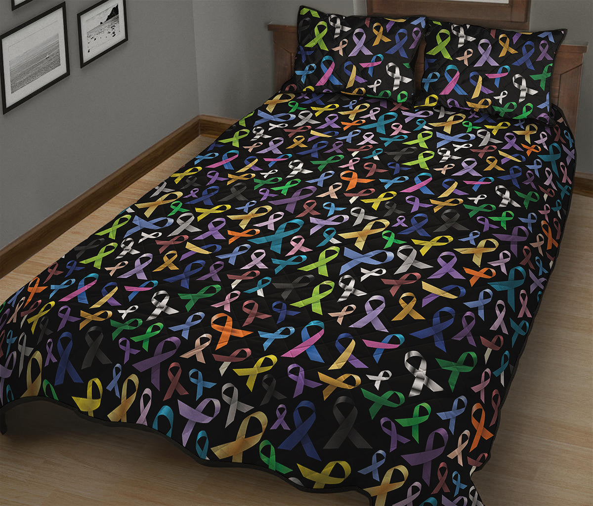 All Cancer Awareness Pattern Print Quilt Bed Set