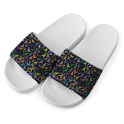 All Cancer Awareness Pattern Print White Slide Sandals