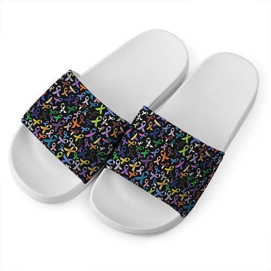 All Cancer Awareness Pattern Print White Slide Sandals