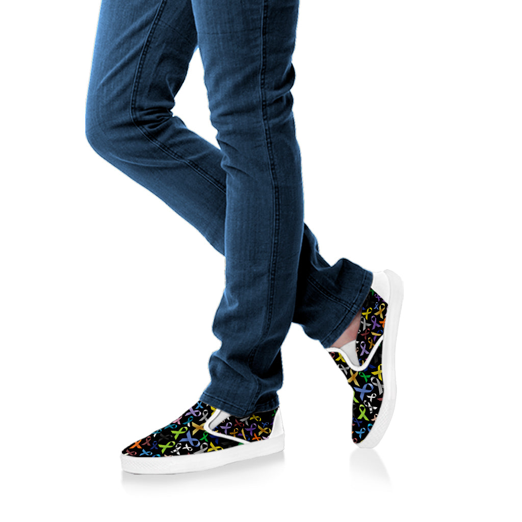 All Cancer Awareness Pattern Print White Slip On Shoes
