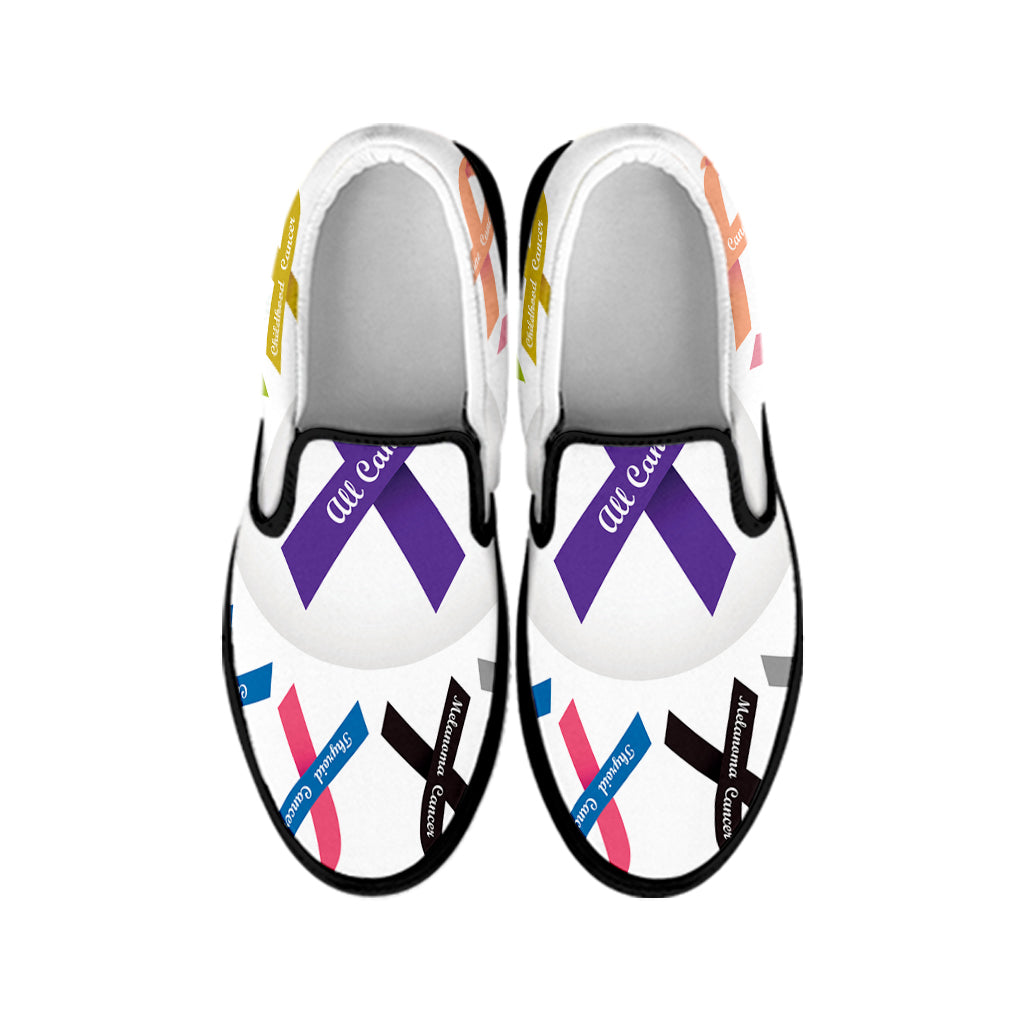 All Cancer Awareness Ribbons Print Black Slip On Shoes