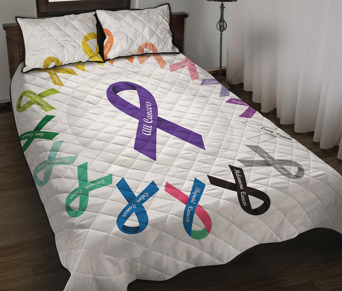 All Cancer Awareness Ribbons Print Quilt Bed Set