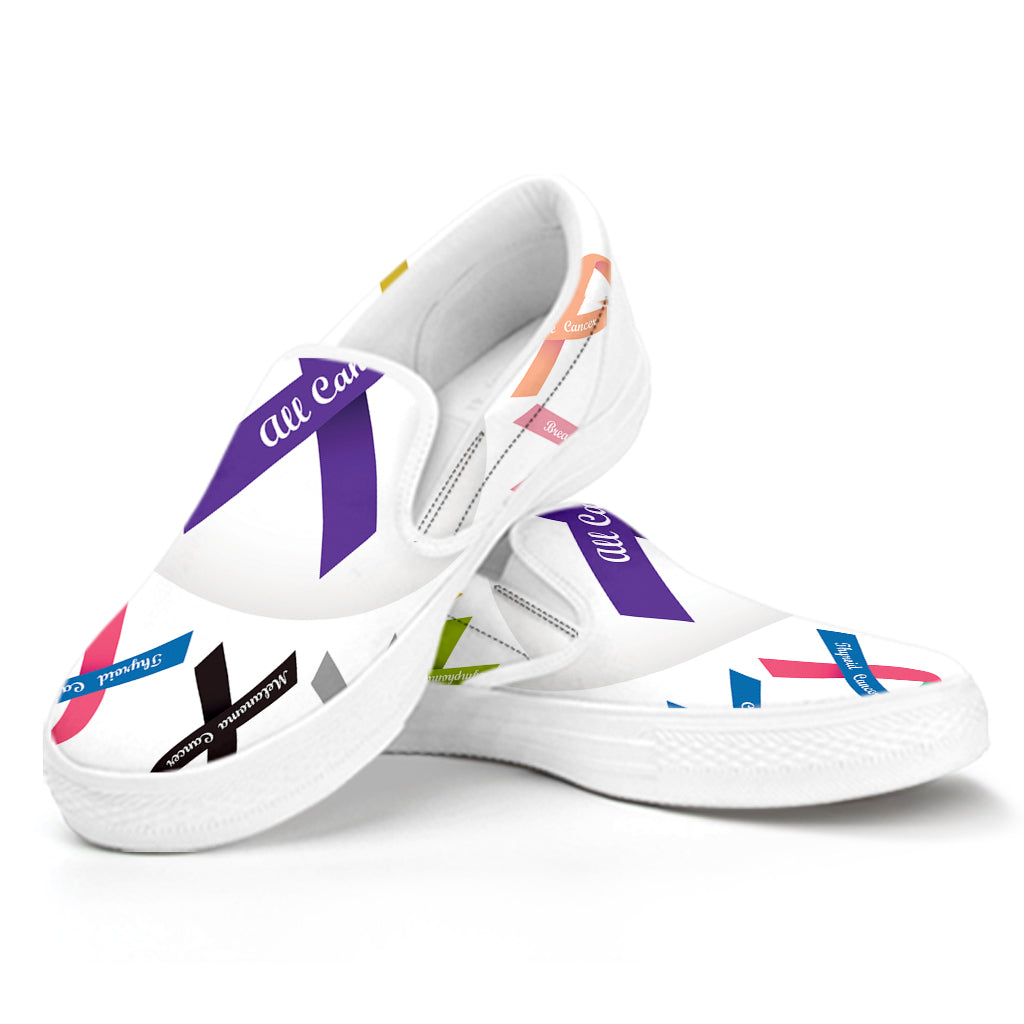 All Cancer Awareness Ribbons Print White Slip On Shoes
