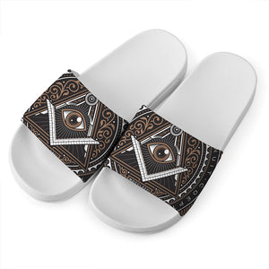 All Seeing Eye Symbol Print White Slide Sandals