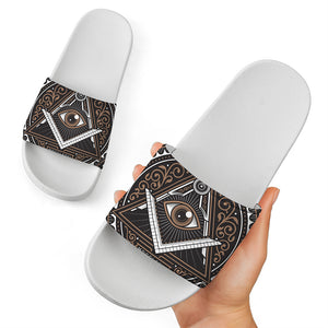 All Seeing Eye Symbol Print White Slide Sandals