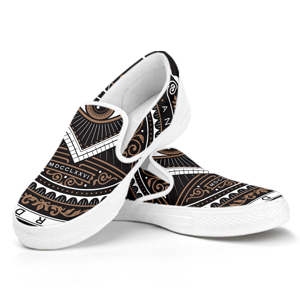 All Seeing Eye Symbol Print White Slip On Shoes