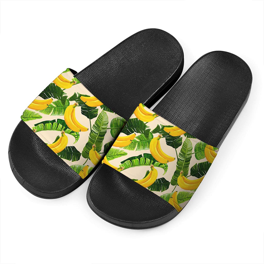 Aloha Banana Pattern Print Black Slide Sandals