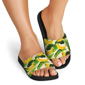 Aloha Banana Pattern Print Black Slide Sandals