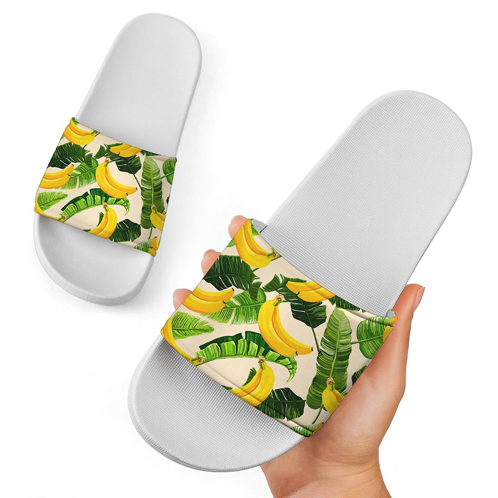 Aloha Banana Pattern Print White Slide Sandals