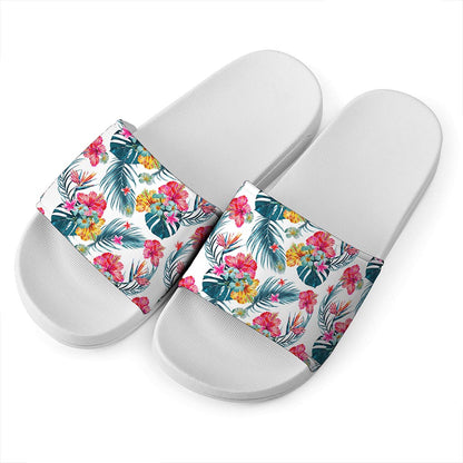 Aloha Hawaii Floral Pattern Print White Slide Sandals